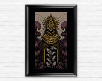 May include: A digital illustration of a woman wearing a gold mask and robe with multiple hands reaching out from behind her. The background is a dark purple and gray.