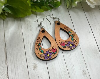 Hand Painted Floral Earrings, Handmade Wood Earrings