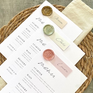 Individual wax seal menu, Wedding menu, Wax seal menu and name card, Sage green, Dusky pink, Dusky blue, Luxury table stationery