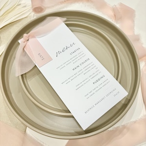Luxury Bow Ribbon Wedding Menu & Name Card Wedding Stationery Simple Dusky Pink Sage Green Menu Ribbon Menu Trend Name Card Place Card