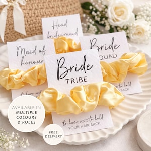 Hen Party Bag Filler Scrunchie Favours Lemon Yellow Personalised Hair Ties for Bride Tribe & Bride Squad Gift Bags