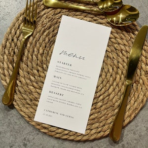 Individuelle minimalistische Menükarte für die Hochzeit, schlichtes Menü, schlichtes Papeterie, typografisches Menü, handgeschriebenes Menü, personalisiertes Menü, Party