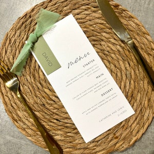 Luxury Bow Ribbon Wedding Menu & Name Card, Simple stationery, Sage green, dusky pink, Dusty Blue, Neutral, Printed