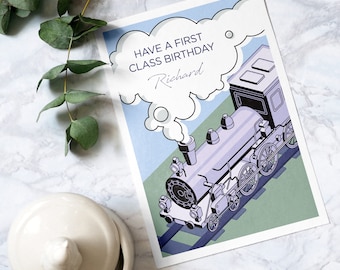 Personalised Steam Train Happy Birthday Card with Envelope, Dad, Grandad, Train birthday, Personalised card, Train spotting, flying Scotsman