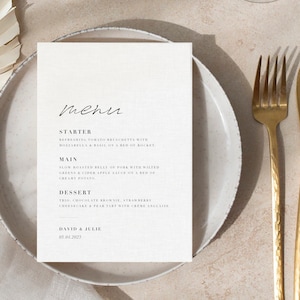 Minimalistische Hochzeitsmenükarte, Einfaches Menü, Einfaches Briefpapier, typografisches Menü, handgeschriebenes Menü, personalisiertes Menü, Party
