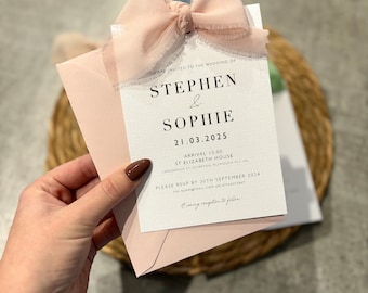 Luxury Bow Ribbon Wedding Invitation & Envelope, Simple stationery, Personalised invitation, Sage green, Blush Pink, Almond, Dusty Blue