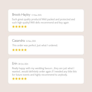 May include: Image of three customer reviews on a light beige background. The reviews are in white rectangular boxes with rounded corners. Each review includes the customer's name, date, text, and a five-star rating.