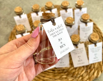 Shot bottle wedding favours with tag, table decoration, wedding ideas, handmade favours, personalised, take a shot they’ve tied the knot