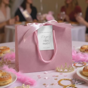 Personalised hen party gift bags with custom tags and ribbons, perfect for adding a special touch to hen do favours. Made from 100% recycled paper with reinforced bases and soft rope handles, these elegant bags can be customised with names, dates, or messages. Ideal for presenting gifts or party favours in style.