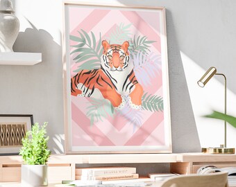 Tropical Tiger Wall Art Print Home Decor, Estampado tropical, Estampado animal retro vintage, Tigre vintage tropical, Cartel con estampado animal, Retro