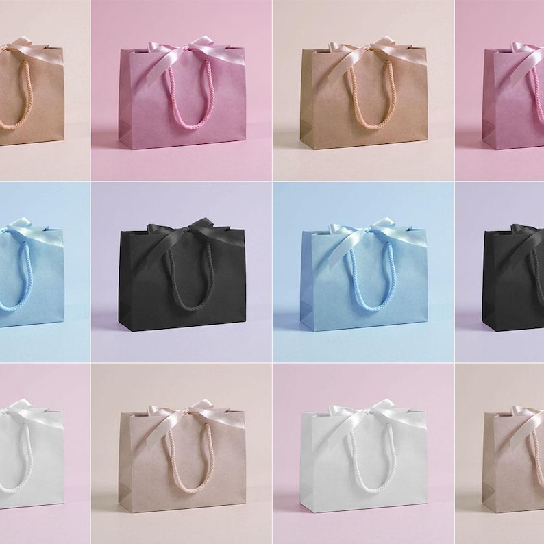 Personalised hen party gift bags with custom tags and ribbons, perfect for adding a special touch to hen do favours. Made from 100% recycled paper with reinforced bases and soft rope handles, these elegant bags can be customised with names, dates, or messages. Ideal for presenting gifts or party favours in style.
