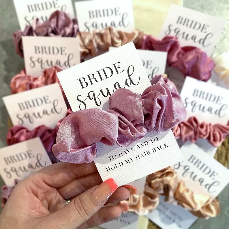Hen do scrunchie favours, hen do party bags, hair tie favours, personalised favours, hen party gifts, bride tribe, bride squad, Pink, Purple image 1