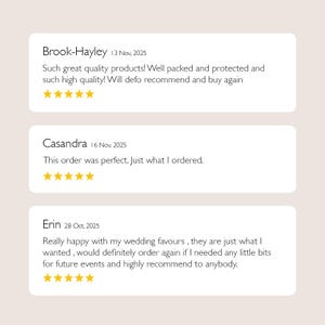 May include: Image of three customer reviews on a light beige background. The reviews are in white rectangular boxes with black text. Each review includes a name, date, text, and a five-star rating.