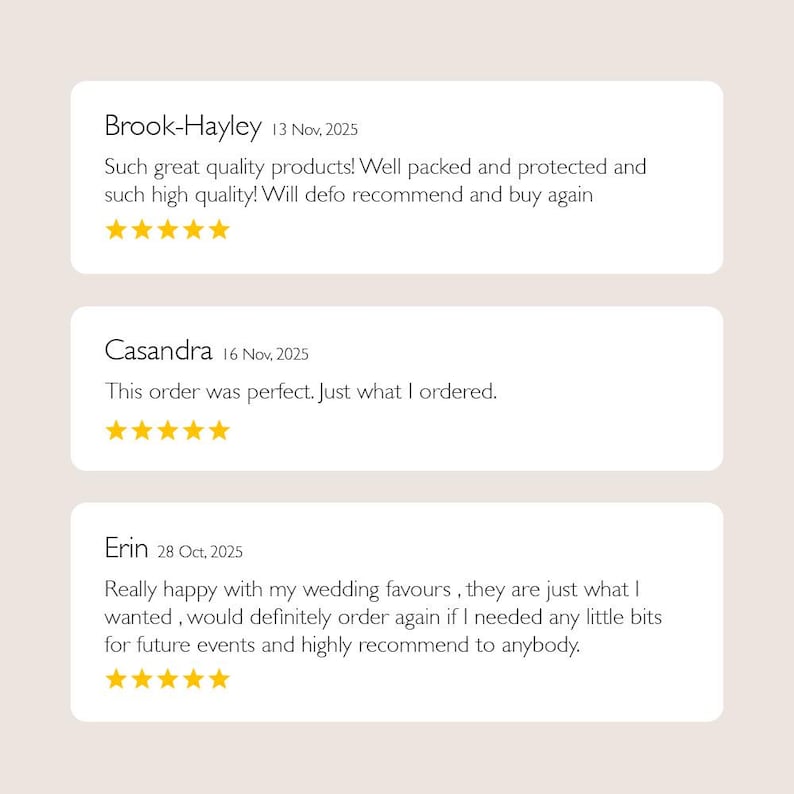 May include: Image of three customer reviews on a light beige background. The reviews are in white rectangular boxes with black text. Each review includes a name, date, text, and a five-star rating.