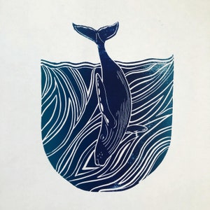 Whale and the Ocean. Original linocut print. Wall Art