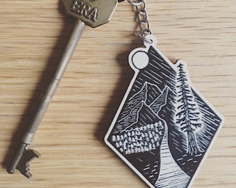 Mountain and forest scene wooden keychain. Wooden keyring.