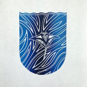 Manta Ray and the Ocean. Original linocut print. Wall Art