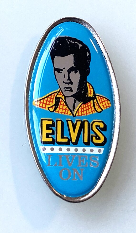 ELVIS Lives On Vintage Oval Shaped Metal Pin Badge