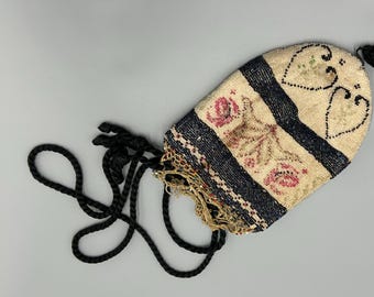 Antique Reticule Drawstring Bag; Hand-Beaded Bag with Vintage Beadwork; Heart Designs and Beaded Flowers; Early 20th Century