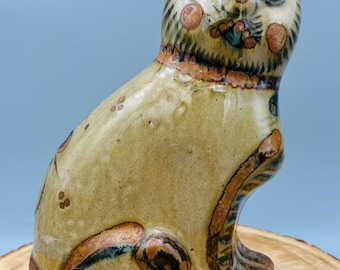 Large 9" Handmade Tonala Cat: Mexican Folk Art Pottery, Jalisco Stoneware; Tonala Collectible; Gifts for Cat Lovers
