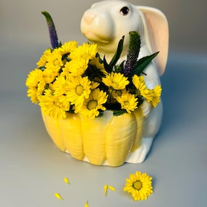May include: A white ceramic bunny-shaped planter holding a vibrant arrangement of yellow flowers. The planter has a yellow, pumpkin-shaped base. The bunny's ears have a pink interior. Scattered yellow flower petals are on the surface.