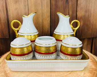Service à Crèmes En Porcelaine Art Déco PILLIYUIT - 7 Pots + Plateau - Motif Feu