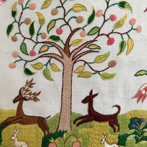 Embroidered Sampler, Completed Vintage from 1970s, Colorful Historic Designs including Deer, Birds, Flowers, Primitive Wall Art