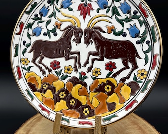 Handmade Greek Pottery Plate with Fighting Rams; Manousakis Keramik Rhodes Pottery; Aries Gift; Greek Folk Art