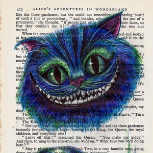 A3 Cheshire Cat Book Page Print, Alice in Wonderland Fan Art