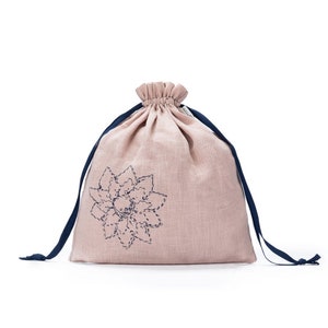 Della Q LARGE Eden Pouch 119-2 Linen Blush Flower DellaQ Drawstring Bag Knitting Project Bag  Della Q Crochet Project Pouch