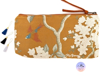 Atenti Apricot Tall Tool Pouch Bird Floral Embroidered Canvas Knitting Needle Case 10x5x1