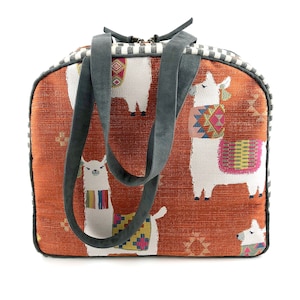 Atenti MamaLLama Bonnie Orange Jacquard Fabric Large Knitting Project Bag, Atenti Knitting Bag, Zipper Knitting Caddy Yarn Caddy