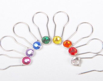 Crystaletts Pin 16 Silver Knit Markers 16 Stitch Markers Locking Crystal Markers, Crystal Safety Pins, Crystal Markers, Crystalettes Pin Set