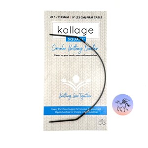May include: A black circular knitting needle with a 9-inch (23 cm) cable, labeled "US 1/2.25MM" and "kollage SQUARE&trade;". The packaging also includes the text "Circular Knitting Needles" and "Easier on your hands, more uniform stitches."