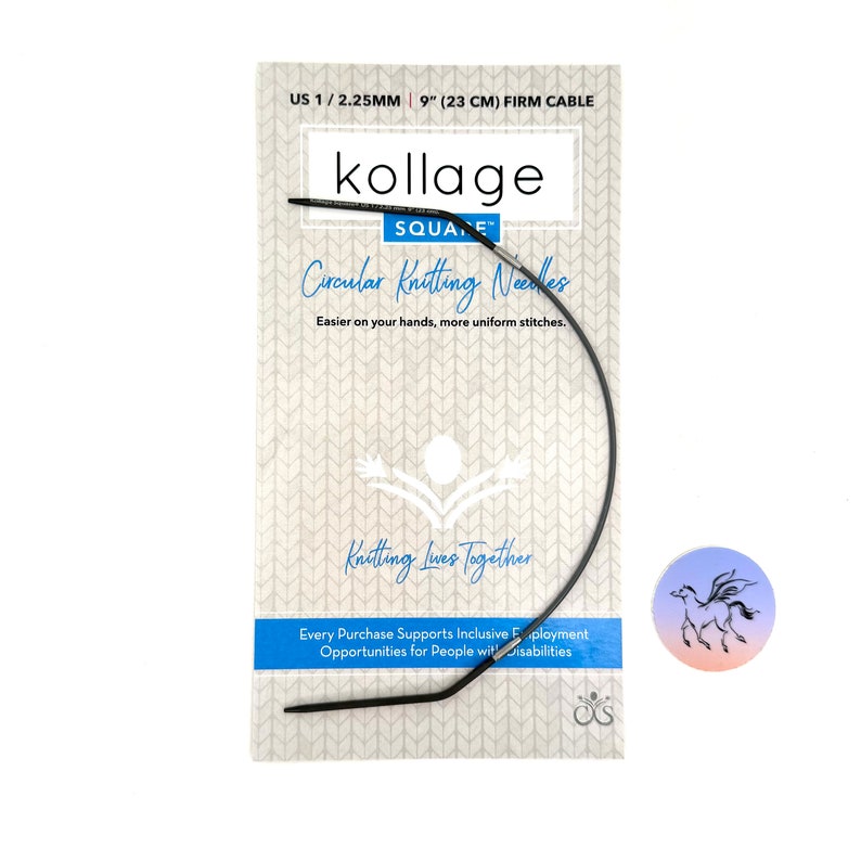 May include: A black circular knitting needle with a 9-inch (23 cm) cable, labeled "US 1/2.25MM" and "kollage SQUARE&trade;". The packaging also includes the text "Circular Knitting Needles" and "Easier on your hands, more uniform stitches."
