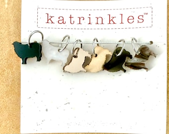 Sheep Stitch Markers: 6 Acrylic & Wood Lambs with Metal Rings Set, Katrinkles