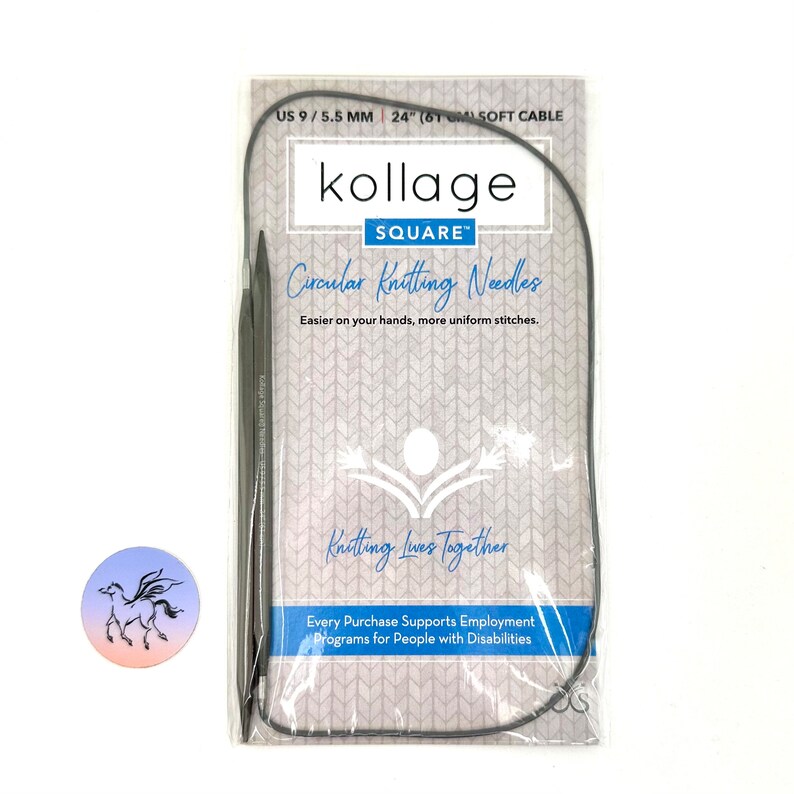 May include: A gray circular knitting needle set with a 9/5.5 mm size and a 24-inch cable. The packaging features the brand name "kollage" and the text "SQUARE&trade; Circular Knitting Needles".