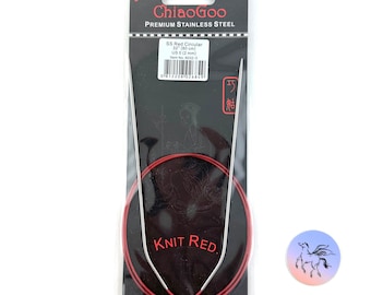 May include: A pair of 32-inch (80 cm) ChiaoGoo circular knitting needles in size US 0 (2 mm). The needles are made of stainless steel and have a red cord. The packaging is black with white text and a red stripe.