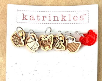 Chicken Stitch Markers: 6 Acrylic & Wood Hens with Metal Rings Set, Katrinkles