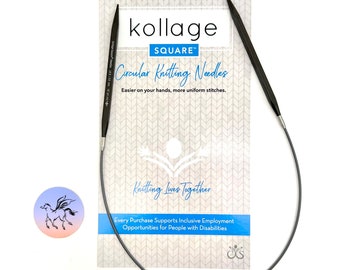 May include: A black and silver circular knitting needle with a 16 inch (41 cm) cable. The needle is labeled "US 8/5.0 MM" and "kollage SQUARE™". The packaging also includes the text "Circular Knitting Needles" and "Easier on your hands, more uniform stitches."