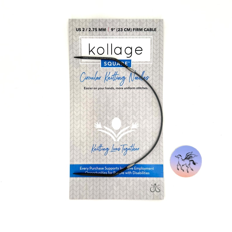 May include: A black 9-inch (23 cm) circular knitting needle with a US 2/2.75 mm size. The needle is on a white card with the text "kollage SQUARE Circular Knitting Needles Easier on your hands, more uniform stitches. Knitting Lives Together Every Purchase Supports Inclusive Employment Opportunities for People with Disabilities".
