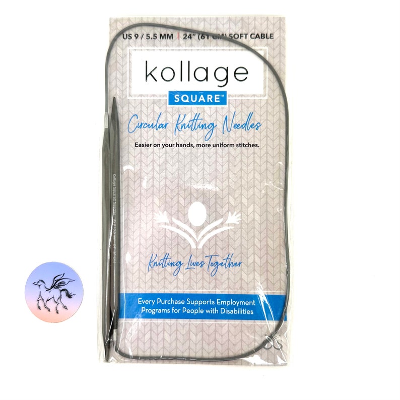 May include: A package of gray circular knitting needles with a 24" (61 cm) cable. The package is labeled "kollage SQUARE" and "Circular Knitting Needles". The text "Easier on your hands, more uniform stitches." is also on the package. The package has a white background with a gray knitted pattern.