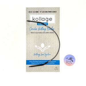 May include: A black circular knitting needle with a 9-inch (23 cm) cable, labeled "US 4/3.5 MM" and "kollage SQU.RE". The packaging also includes the text "Circular Knitting Needles" and "Easier on your hands, more uniform stitches."