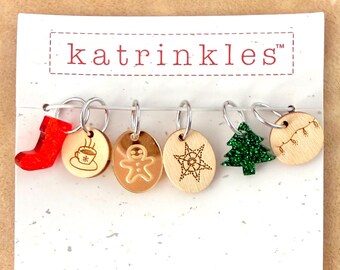 6 Holiday Acrylic & Wood Stitch Markers with Metal Rings Set for Knitting by Katrinkles