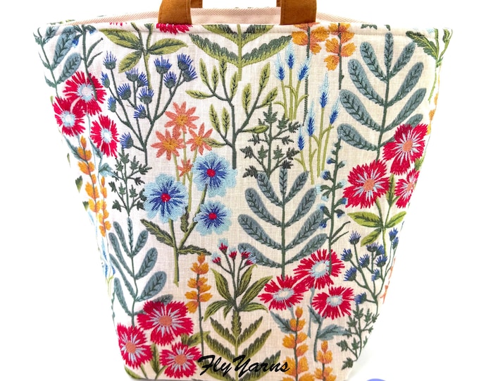 Featured listing image: Atenti Hope Basket Wildflower Embroidered Yarn Basket Large Yarn Bag Floral Bucket Bag Knitting Project Bag Yarn Caddy Needle Arts Bag