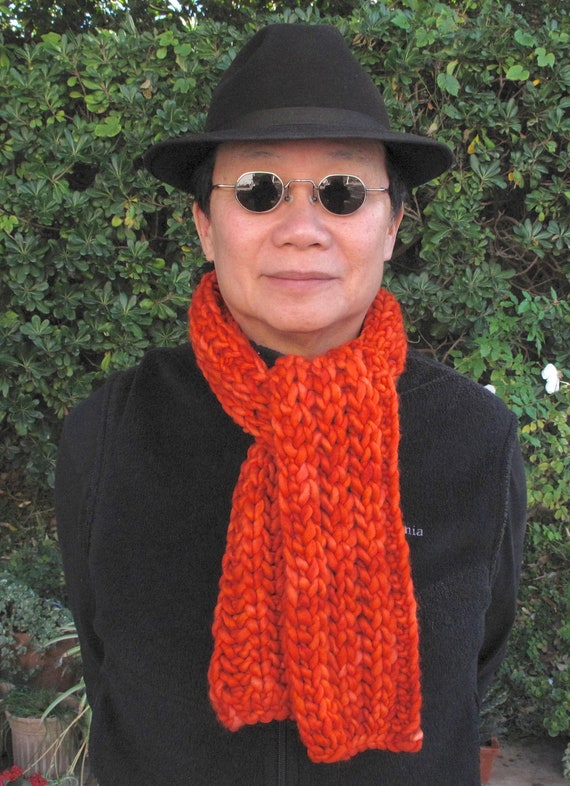 Hygge Road Scarf Kit Silk Needle Cover Malabrigo Rasta Glazed Carrot on model 1 Hank Scarf Pattern Lantern Moon US17 Ebony Needle