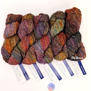 May include: Five skeins of Mecha 862 Piedras yarn, each featuring a variegated blend of purple, orange, green, and brown tones. Each skein is accompanied by a white paper label displaying the brand name Mecha, color code 862 Piedras, and text.