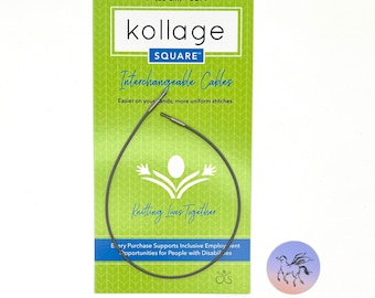 May include: A 9-inch (23 cm) soft, gray knitting cable for interchangeable knitting needles. The cable is shown on a green background with the text "kollage SQUARE™ Interchangeable Cables Easier on your hands, more uniform stitches. Knitting Lives Together Every Purchase Supports Inclusive Employment Opportunities for People with Disabilities OS".