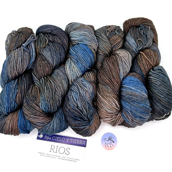 Malabrigo Rios Cielo Y Tierra 894 Worsted Weight Merino Yarn Super Wash Wool Blue & Brown Kettle Dyed Merino 210Yds 100gm Priced per Hank