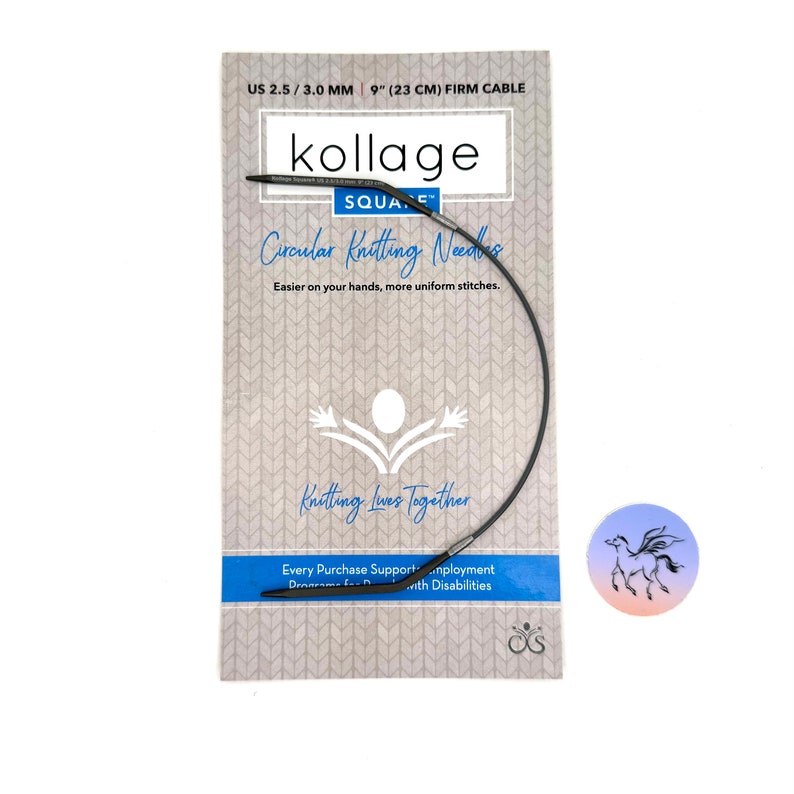 May include: A 9-inch (23 cm) circular knitting needle with a firm cable, made by Kollage Square. The needle is black and the packaging is gray with a white background. The packaging features the text "Kollage Square" and "Circular Knitting Needles".